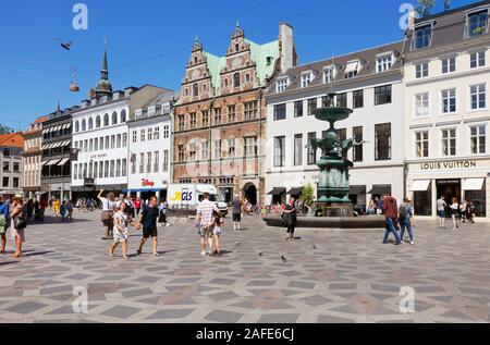 Copenhagen, Denmark - June 27, 2018: View of the Amagertorv square with the Stork Fountain. Stock Photo