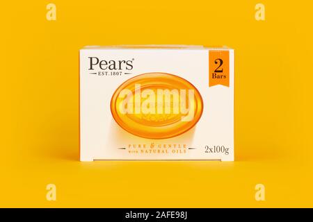 A box of two bars of Pears soap shot on a yellow background. Stock Photo