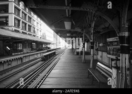 Chicago, Illinois, USA - 1996:  Archival black and white view of  the Madison Wasbash elevated train platform.  The station was torn down in 2015. Stock Photo