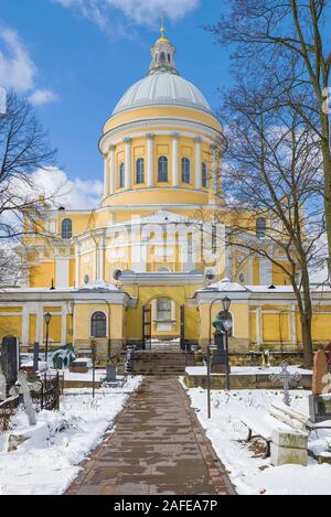 Trinity Cathedral close-up. View from the Nikolsky cemetery on a sunny April day. Alexander Nevsky Lavra, St. Petersburg Stock Photo