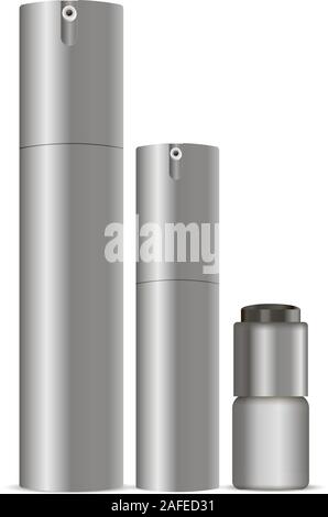 Cosmetic spray can set. Dispenser containers for deodorant, parfume, cream, eye contour. Silver aerosol bottles EPS10 vector illustration isolated on Stock Vector