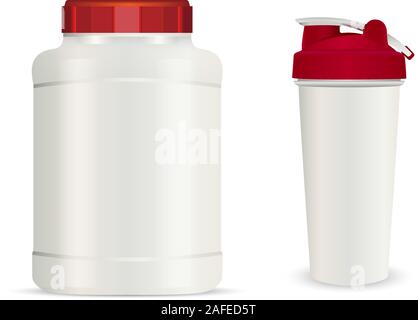 Realistic white plastic jar, shaker and drink bottles. Vector set of sport nutrition container templates with red caps isolated on white background. Stock Vector