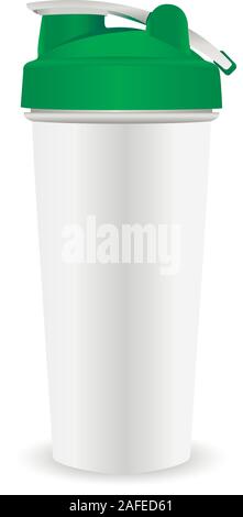 Sports bottle for girls with green lid. Protein Nutrition shaker. Gym lifestyle equipment Stock Vector