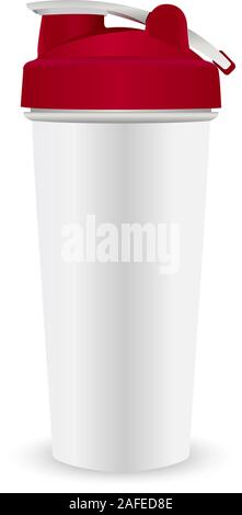 Protein Nutrition shaker. Sports bottle for girls with red lid. Gym lifestyle equipment. Stock Vector
