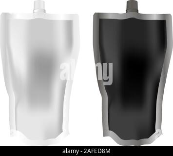 Set of black and white disposable Spout pouch with cap. Realistic eps10 illustration. Sachet for liquid soap, lotion, cream, gel. Plastic packaging mo Stock Vector