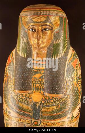 Colorful sarcophagus detail of ancient Egyptian women singer. Stock Photo