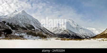 Fjaerland in Sogndal community in Sogn, western Norway.  In this community we find the fmaous Glacier Museum. Stock Photo
