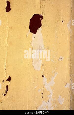 Old weathered painted wall. Pastel orange cracked plaster wall with paint. Eventually stucco peels off. Texture, pattern, background. Close-up. Stock Photo