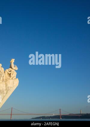 Vasco da Gama at the tip of the Discoveries Monument over Tagus River, Lisbon Stock Photo