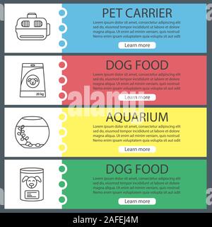 Pets supplies web banner templates set. Animal carrier, canned dog food, aquarium. Website color menu items with linear icons. Vector headers design c Stock Vector