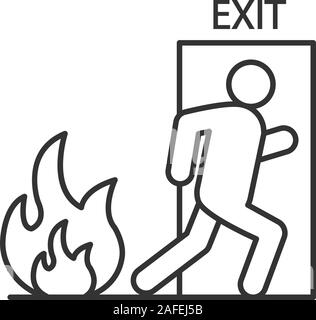 Fire emergency exit door with human linear icon. Evacuation plan. Thin line illustration. Contour symbol. Vector isolated outline drawing Stock Vector
