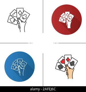 Hand holding four aces icon. Flat design, linear and color styles. Playing cards. Poker. Kare. Isolated vector illustrations Stock Vector