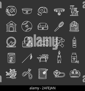 Pets supplies chalk icons set. Domestic animals goods. Pets food, toys, accessories, houses. Isolated vector chalkboard illustrations Stock Vector