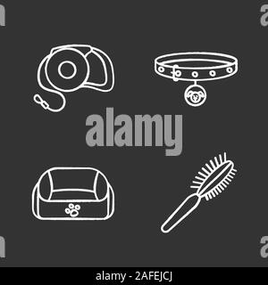 Pets supplies chalk icons set. Dog neck collar and retractable lead, pet bed, fur brush. Isolated vector chalkboard illustrations Stock Vector