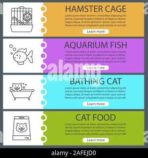 Pets supplies web banner templates set. Hamster cage, aquarium fish, grooming, cat food. Website color menu items with linear icons. Vector headers de Stock Vector