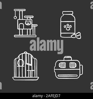 Pets supplies chalk icons set. Cat's tree house, veterinary medicine, birdcage, pets carrier. Isolated vector chalkboard illustrations Stock Vector