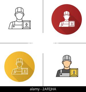Loader man icon. Flat design, linear and color styles. Delivery service. Courier. Isolated vector illustrations Stock Vector
