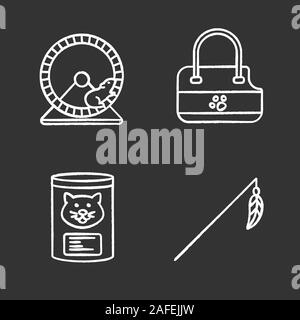 Pets supplies chalk icons set. Canned cat food, pets bag carrier, feather toy, hamster wheel. Isolated vector chalkboard illustrations Stock Vector