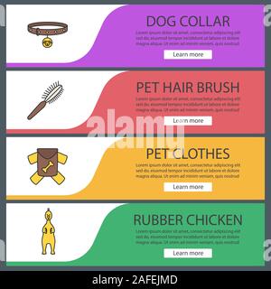 Pets supplies web banner templates set. Dog collar, fur brush, clothes, rubber chicken. Website color menu items. Vector headers design concepts Stock Vector