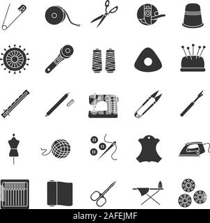 Tailoring glyph icons set. Sewing. Needles, pins, threads, fabrics, buttons. Silhouette symbols. Vector isolated illustration Stock Vector