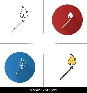 Burning matchstick icon. Flat design, linear and color styles. Arson. Isolated vector illustrations Stock Vector