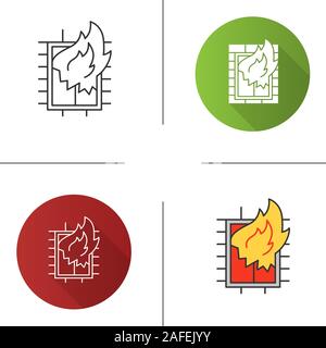 House on fire icon. Flat design, linear and color styles. Burning broken window. Isolated vector illustrations Stock Vector
