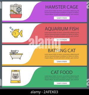 Pets supplies web banner templates set. Hamster cage, aquarium fish, grooming, cat food. Website color menu items. Vector headers design concepts Stock Vector