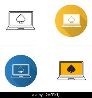Online casino icon. Flat design, linear and color styles. Laptop display with spade card suit. Isolated vector illustrations Stock Vector
