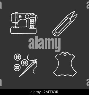 Tailoring chalk icons set. Sewing machine, thread cutter, needle and buttons, leather label. Isolated vector chalkboard illustrations Stock Vector