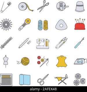 Tailoring color icons set. Sewing. Needles, pins, threads, fabrics, buttons. Isolated vector illustrations Stock Vector