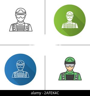 Soldier icon. Flat design, linear and color styles. Military man. Isolated vector illustrations Stock Vector