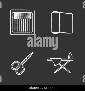 Tailoring chalk icons set. Nail scissors, ironing board, sewing machine needles, fabric roll. Isolated vector chalkboard illustrations Stock Vector