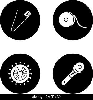 Tailoring glyph icons set. Safety and straight pins, measuring tape, rotary cutter. Vector white silhouettes illustrations in black circles Stock Vector
