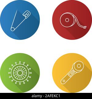Tailoring flat linear long shadow icons set. Safety and straight pins, measuring tape, rotary cutter. Vector outline illustration Stock Vector
