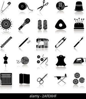 Tailoring drop shadow black glyph icons set. Sewing. Needles, pins, threads, fabrics, buttons. Isolated vector illustrations Stock Vector