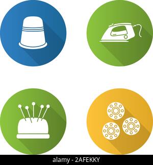 Tailoring flat design long shadow glyph icons set. Thimble, steam iron, pincushion with pins, bobbins. Vector silhouette illustration Stock Vector