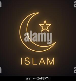 Star and crescent moon neon light icon. Glowing sign. Ottoman flag. Ramadan moon. Vector isolated illustration Stock Vector