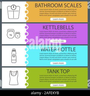 Fitness web banner templates set. Sport equipment. Bathroom scales, kettlebells, water bottle, tank top. Website color menu items with linear icons. V Stock Vector