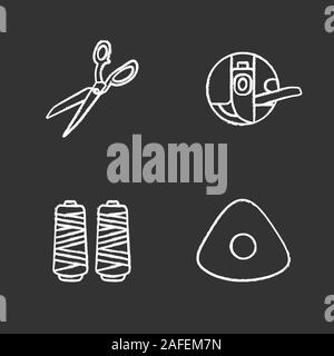Tailoring chalk icons set. Fabric scissors, bobbin case, thread spool, sewing chalk. Isolated vector chalkboard illustrations Stock Vector