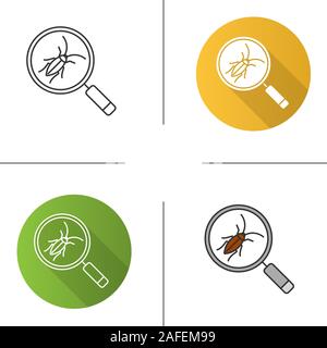 Cockroach searching icon. Flat design, linear and color styles. Pest control service. Magnifying glass with roach. Isolated vector illustrations Stock Vector