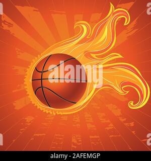 Grunge orange background with basketball ball and flame. Stock Vector