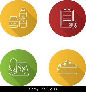 Fitness flat linear long shadow icons set. Sports equipment. BCAA supplement, exercise guide, fitness mat and dumbbells, sports bag. Vector outline il Stock Vector