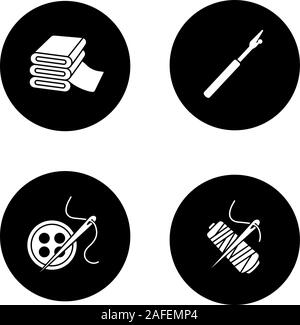 Tailoring glyph icons set. Sewing seam ripper, needle, thread spool, buttons, fabric stack. Vector white silhouettes illustrations in black circles Stock Vector