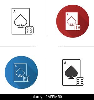 Dice and playing card icon. Flat design, linear and color styles. Casino. Gambling. Isolated vector illustrations Stock Vector