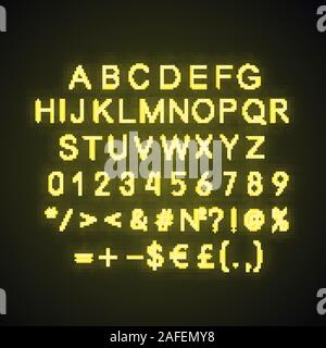 Yellow alphabet, numbers and math signs neon light icon. ABC glowing symbols. Letters. Vector isolated illustration Stock Vector