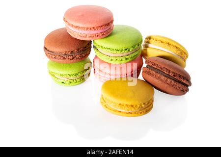 Several macaroons isolated on white background, close view Stock Photo