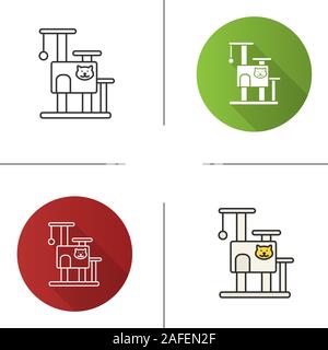 Cat's tree house icon. Flat design, linear and color styles. Pets furniture. Scratching post. Isolated vector illustrations Stock Vector