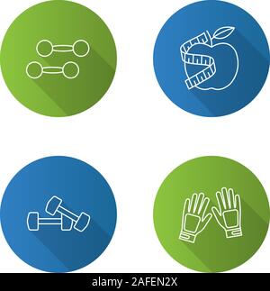Fitness flat linear long shadow icons set. Sports equipment. Dumbbells, gym gloves, apple with measuring tape. Vector outline illustration Stock Vector
