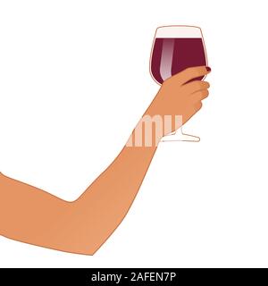 Female hand holding a glass of red wine isolated on white background Stock Vector