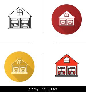 Fire station icon. Flat design, linear and color styles. Firehouse. Garage with two fire trucks. Isolated vector illustrations Stock Vector